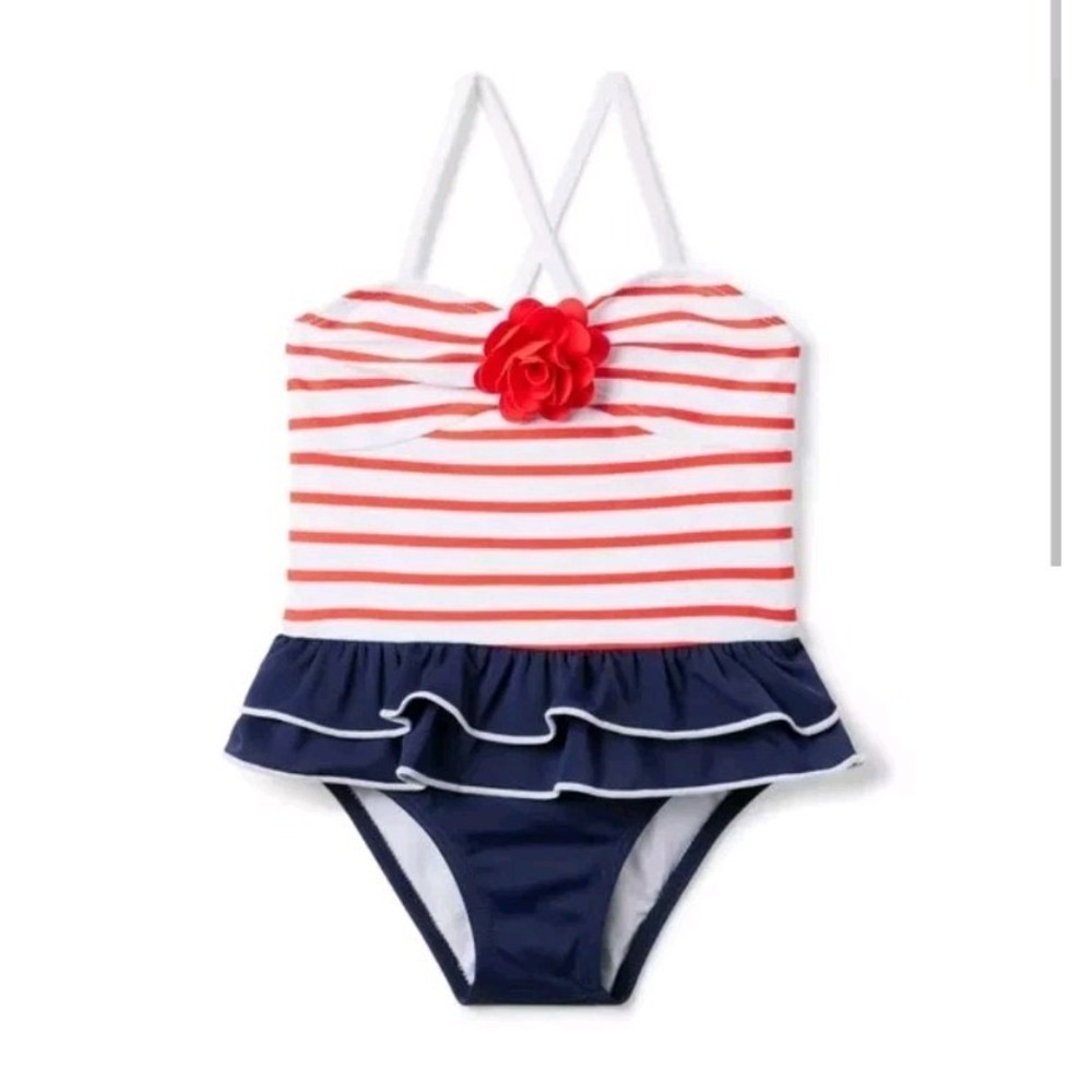 Janie And Jack Red White Blue Recycled Striped Americana One Piece Swimsuit Sz 5